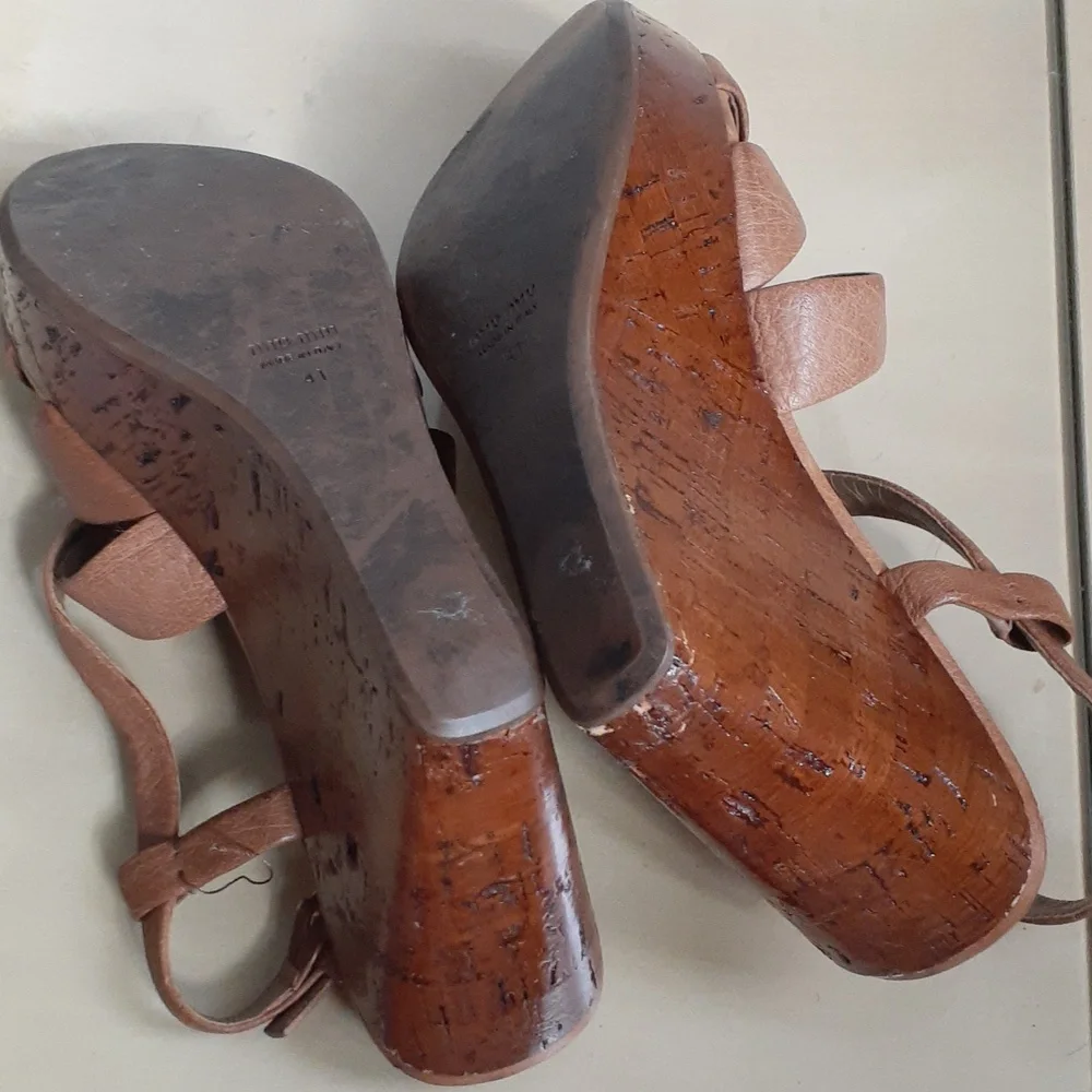 Miu Miu Leather Platform Sandals Shoes Heels Wedge Tan 41